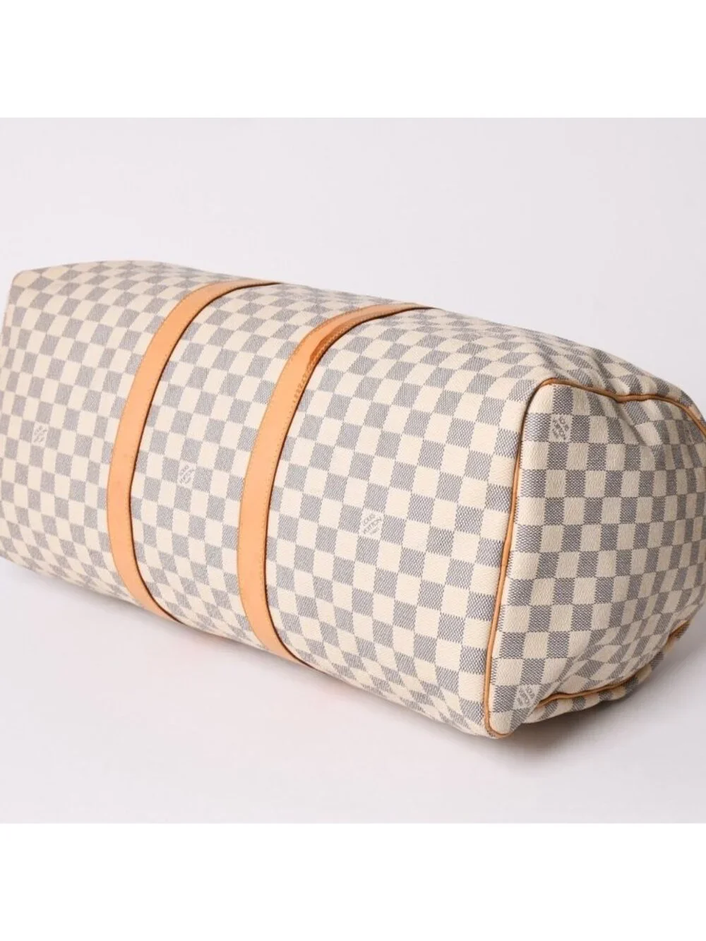 Louis Vuitton Keepall 50 Boston Bag Damier Azur Canvas Vachetta Leather White